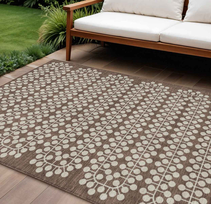 9' X 12' Brown And Ivory Geometric Washable Indoor Outdoor Area Rug