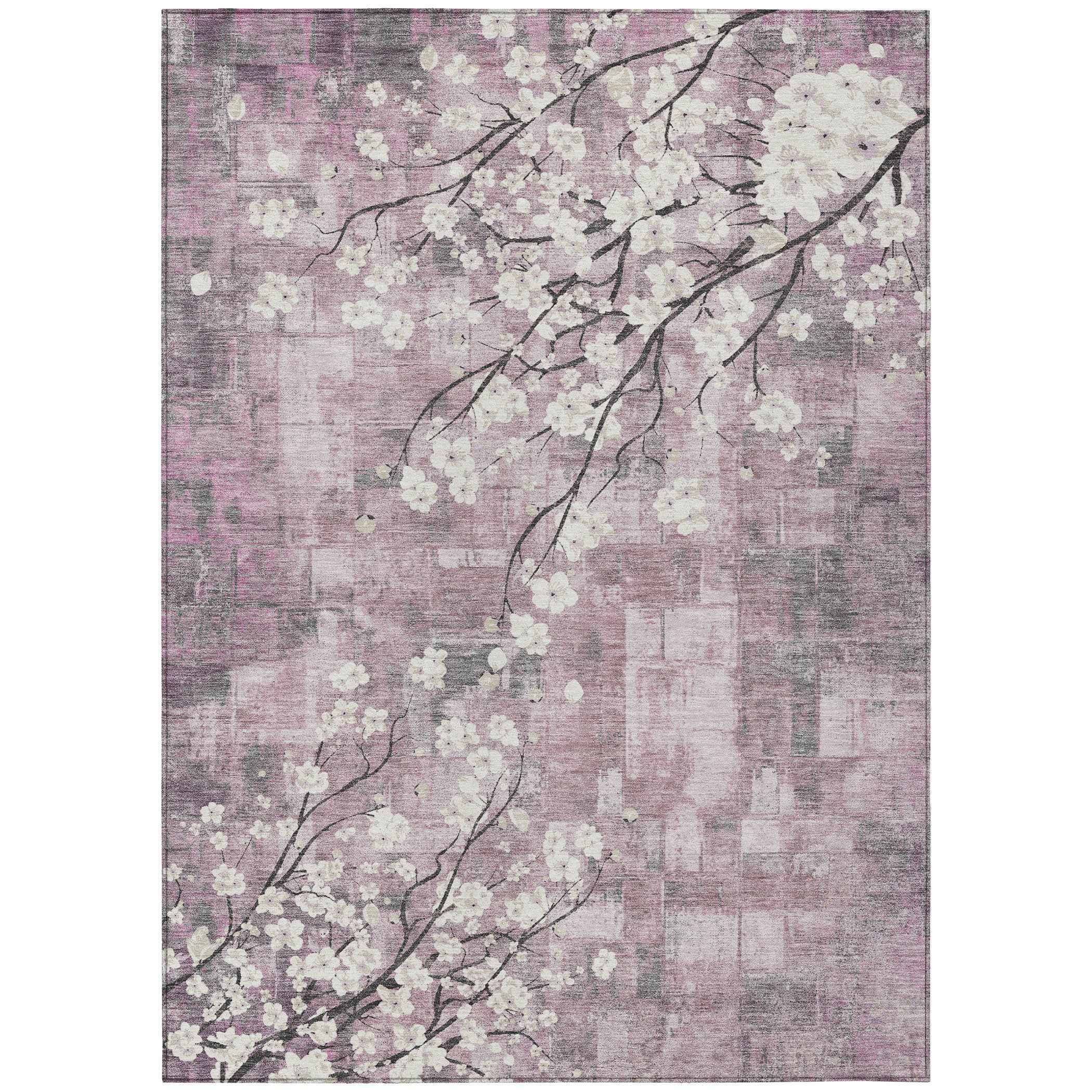 9' X 12' Blush Ivory And Gray Floral Washable Indoor Outdoor Area Rug