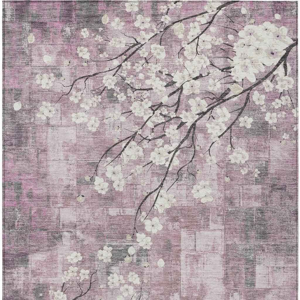 9' X 12' Blush Ivory And Gray Floral Washable Indoor Outdoor Area Rug