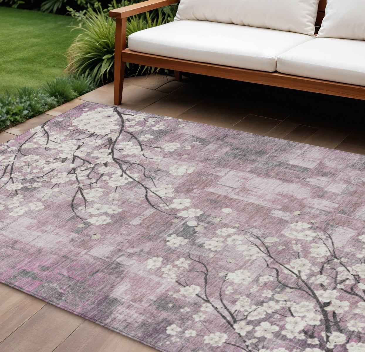 9' X 12' Blush Ivory And Gray Floral Washable Indoor Outdoor Area Rug