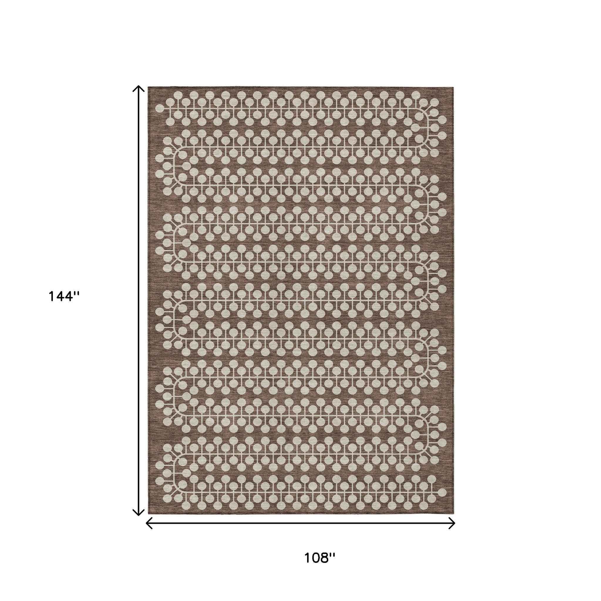 9' X 12' Brown And Ivory Geometric Washable Indoor Outdoor Area Rug