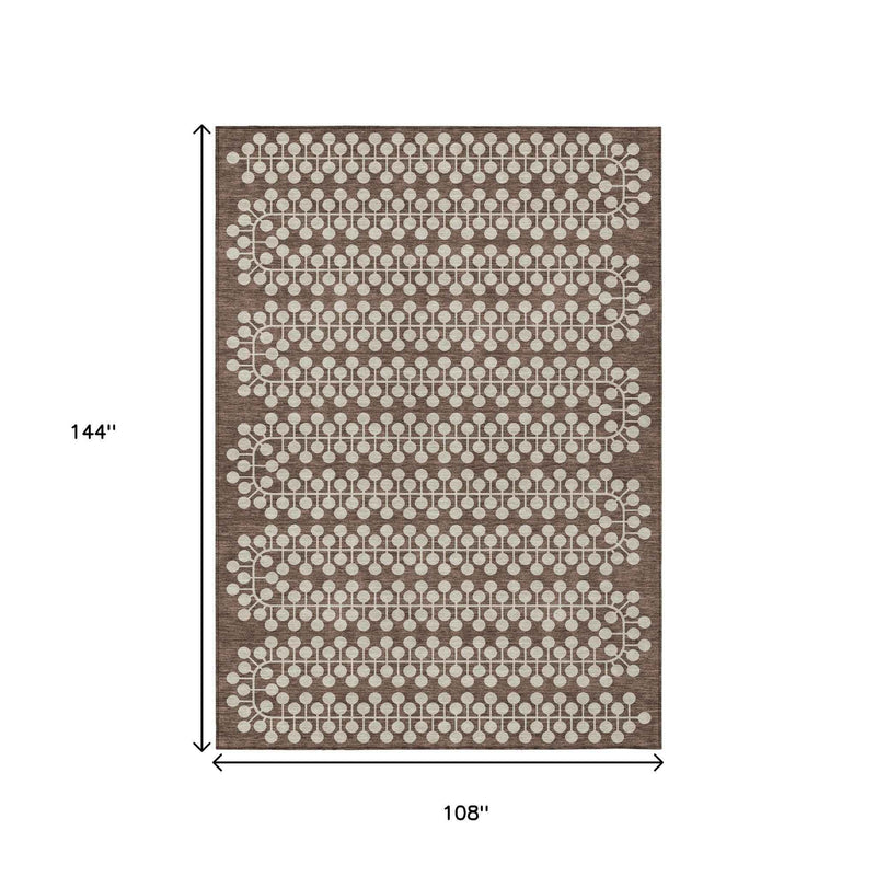 9' X 12' Brown And Ivory Geometric Washable Indoor Outdoor Area Rug
