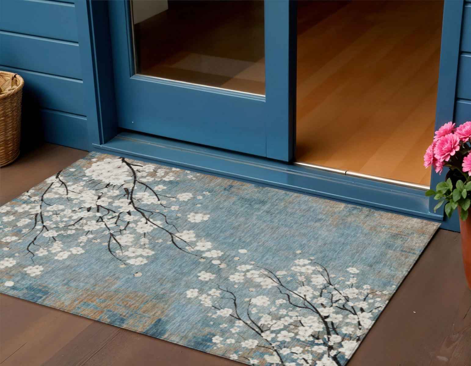 3' X 5' Denim Blue Ivory And Taupe Floral Washable Indoor Outdoor Area Rug