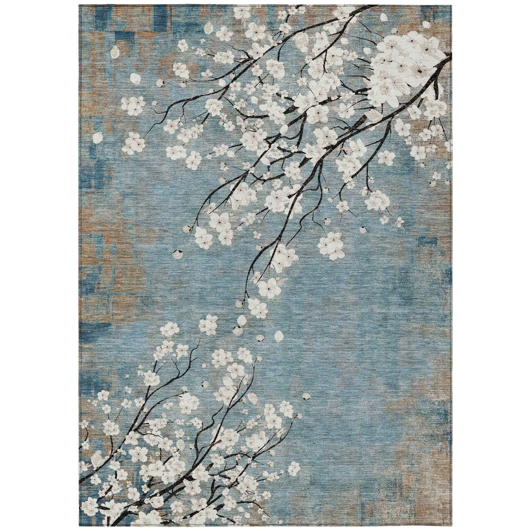 3' X 5' Denim Blue Ivory And Taupe Floral Washable Indoor Outdoor Area Rug