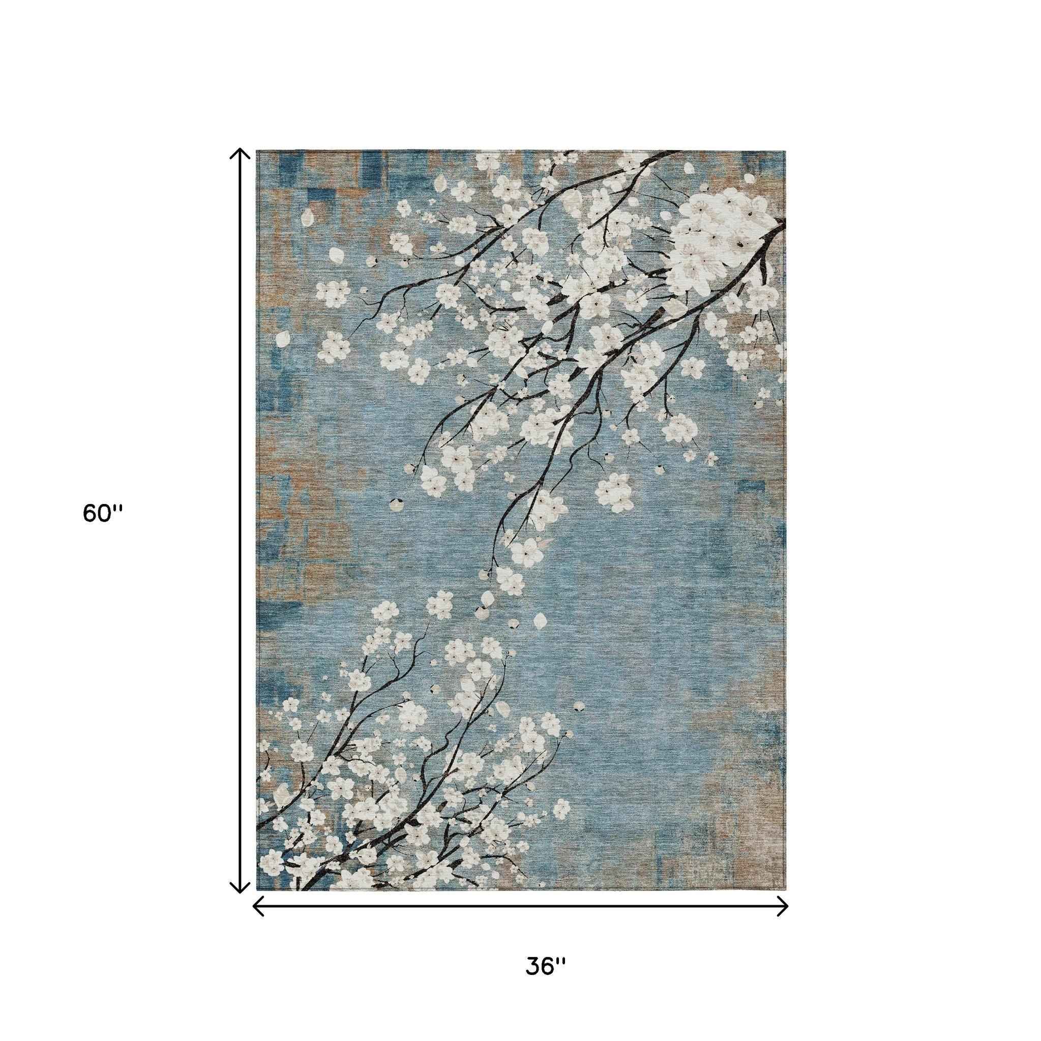 3' X 5' Denim Blue Ivory And Taupe Floral Washable Indoor Outdoor Area Rug