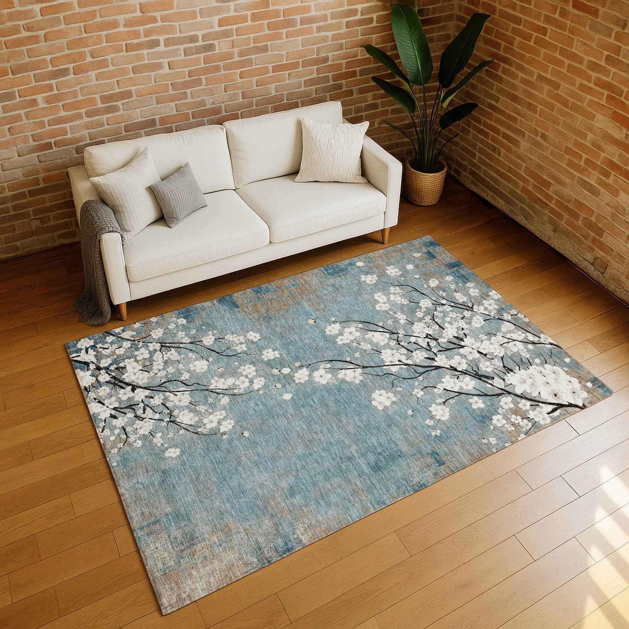 3' X 5' Denim Blue Ivory And Taupe Floral Washable Indoor Outdoor Area Rug
