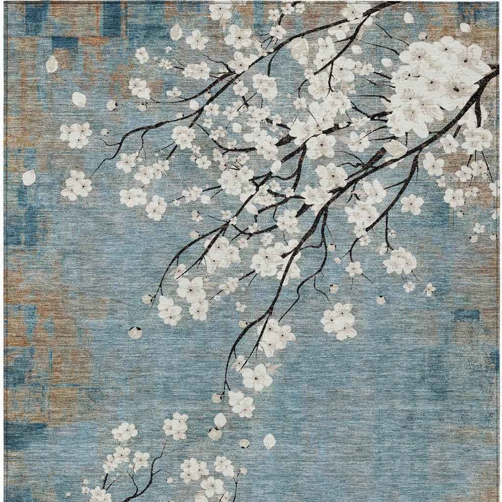 3' X 5' Denim Blue Ivory And Taupe Floral Washable Indoor Outdoor Area Rug