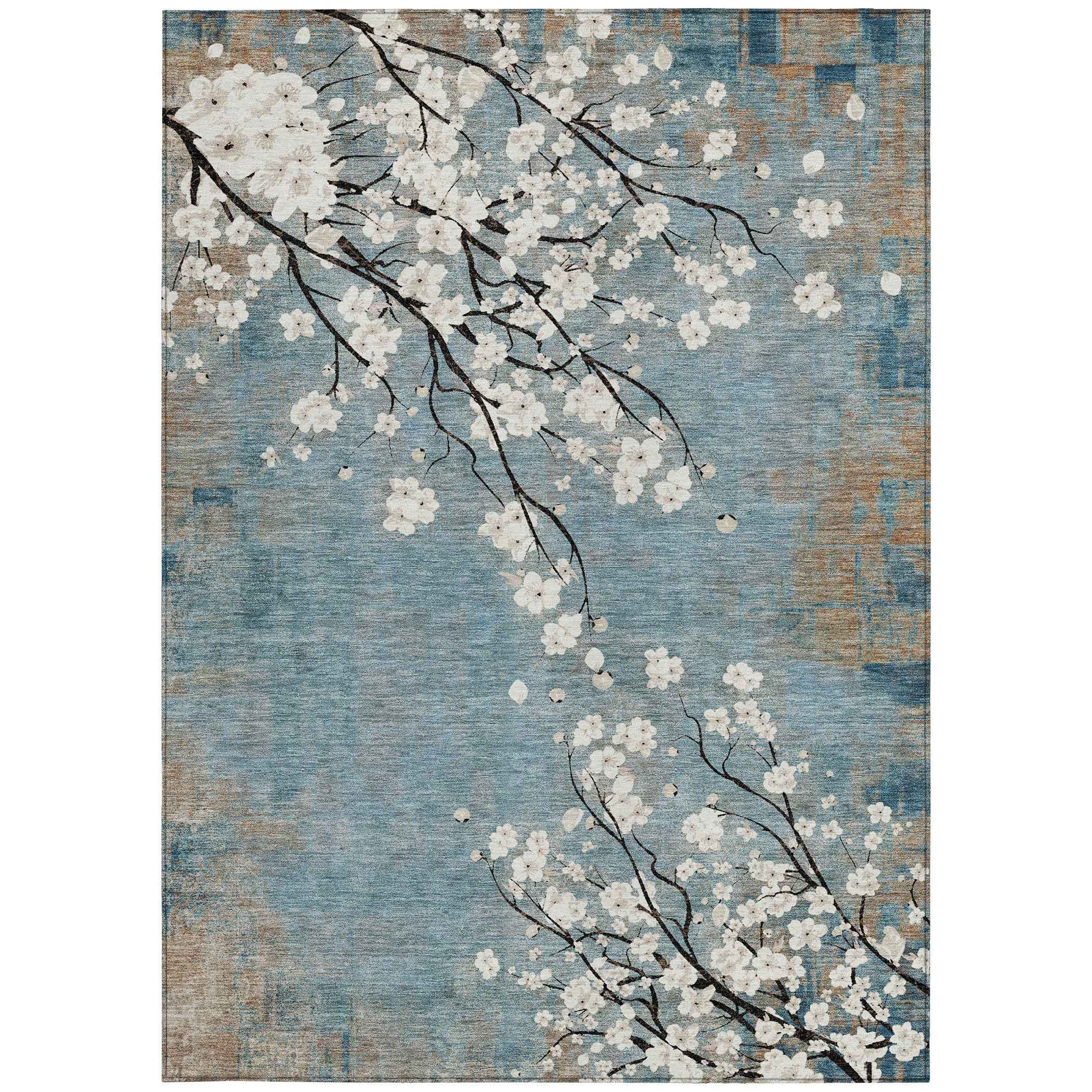 3' X 5' Denim Blue Ivory And Taupe Floral Washable Indoor Outdoor Area Rug