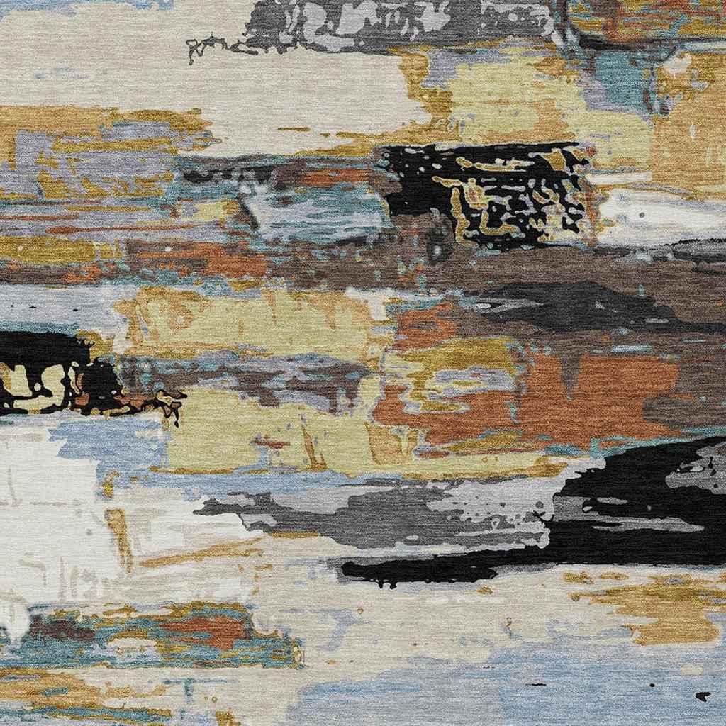 10' X 14' Black Gold And Blue Abstract Washable Indoor Outdoor Area Rug