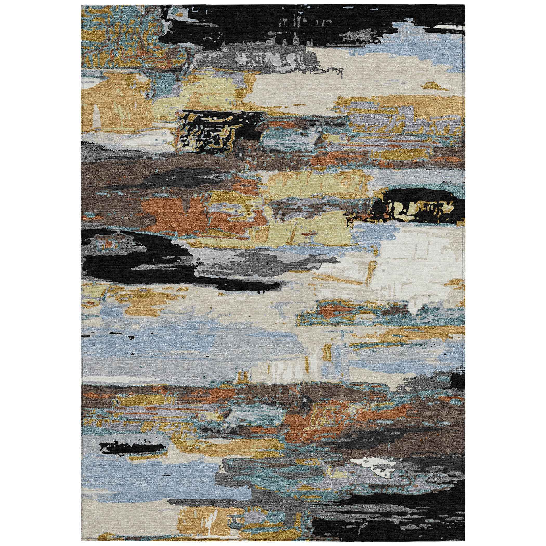 10' X 14' Black Gold And Blue Abstract Washable Indoor Outdoor Area Rug