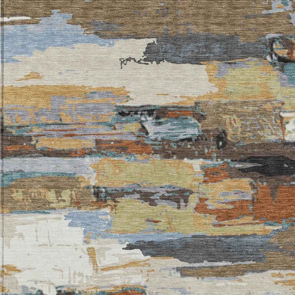 10' X 14' Brown Blue Ivory And Gold Abstract Washable Indoor Outdoor Area Rug