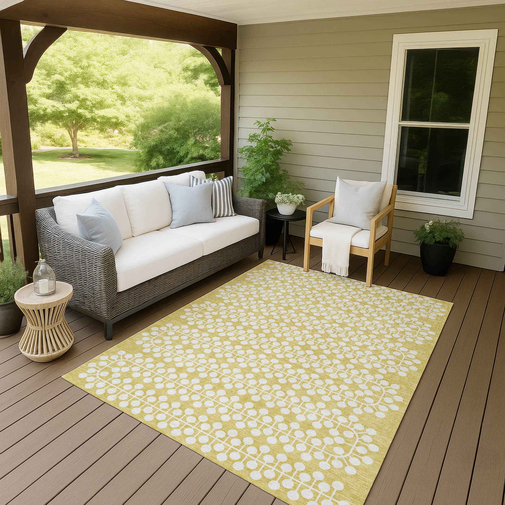 8' X 10' Gold And Ivory Geometric Washable Indoor Outdoor Area Rug