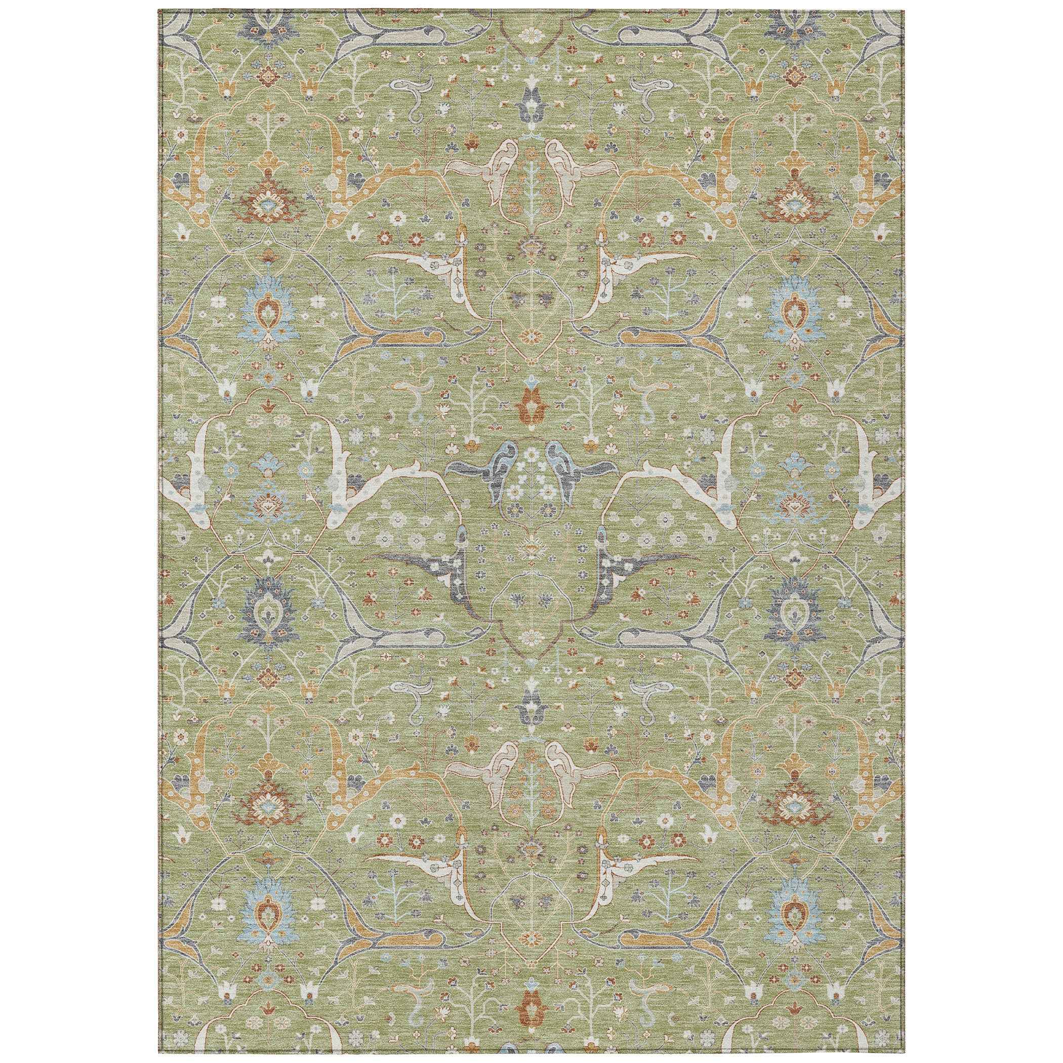 3' X 5' Artichoke Green And Sky Blue Floral Washable Indoor Outdoor Area Rug