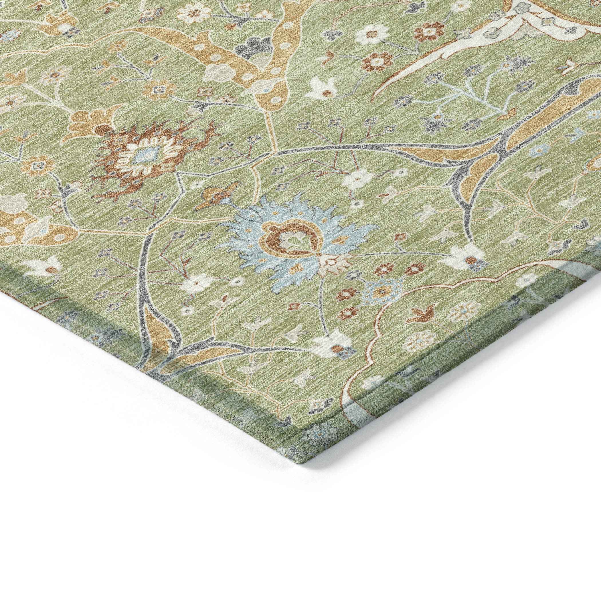 3' X 5' Artichoke Green And Sky Blue Floral Washable Indoor Outdoor Area Rug