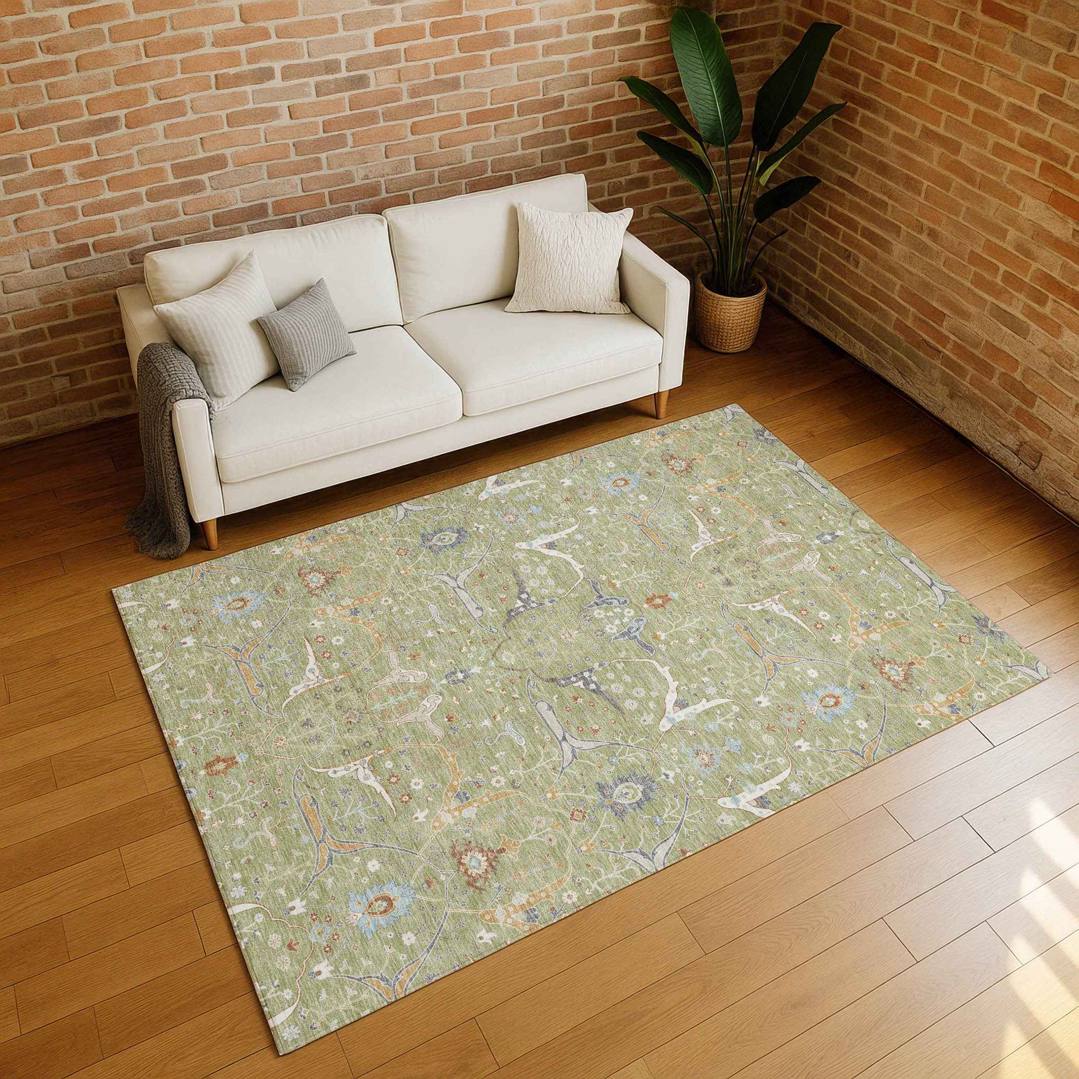 3' X 5' Artichoke Green And Sky Blue Floral Washable Indoor Outdoor Area Rug
