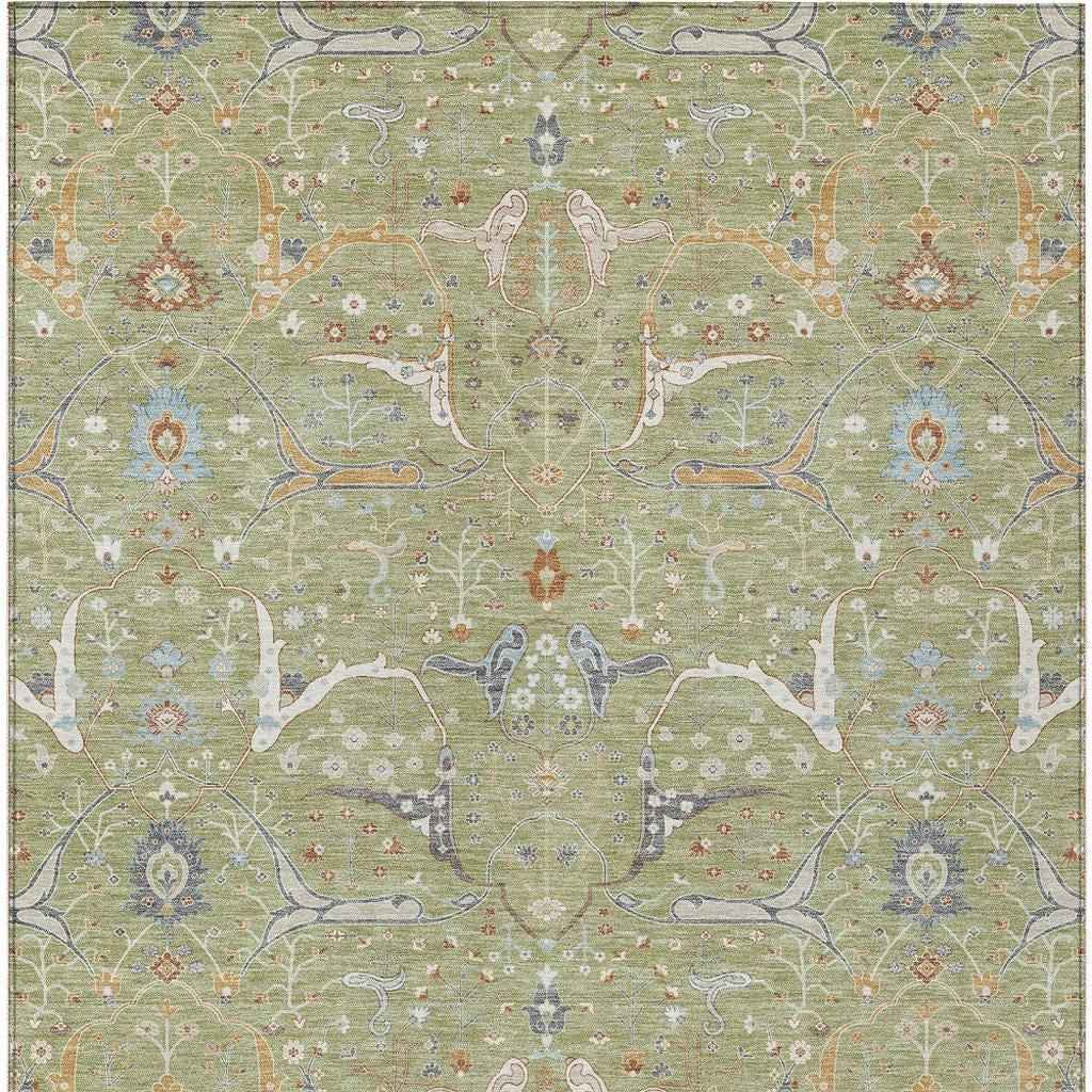 3' X 5' Artichoke Green And Sky Blue Floral Washable Indoor Outdoor Area Rug