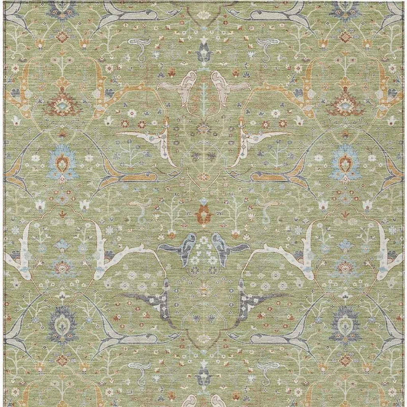 3' X 5' Artichoke Green And Sky Blue Floral Washable Indoor Outdoor Area Rug