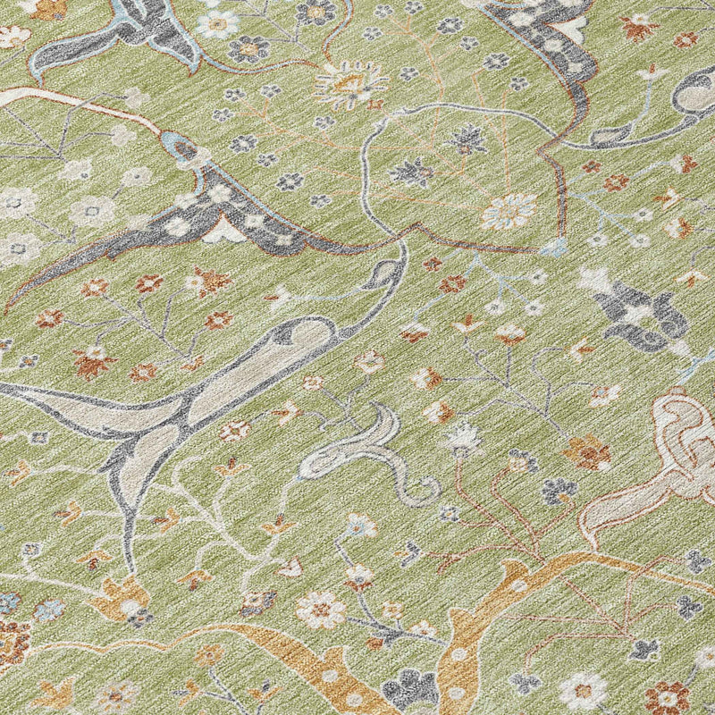 3' X 5' Artichoke Green And Sky Blue Floral Washable Indoor Outdoor Area Rug