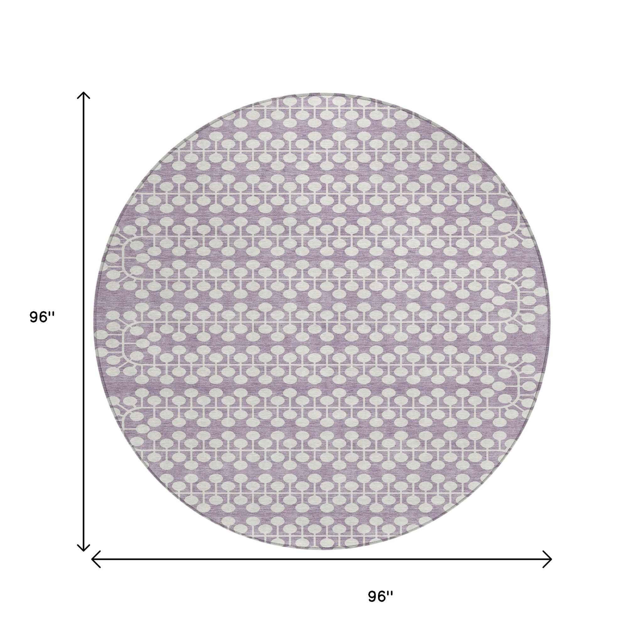 8' Lavender And Ivory Round Geometric Washable Indoor Outdoor Area Rug