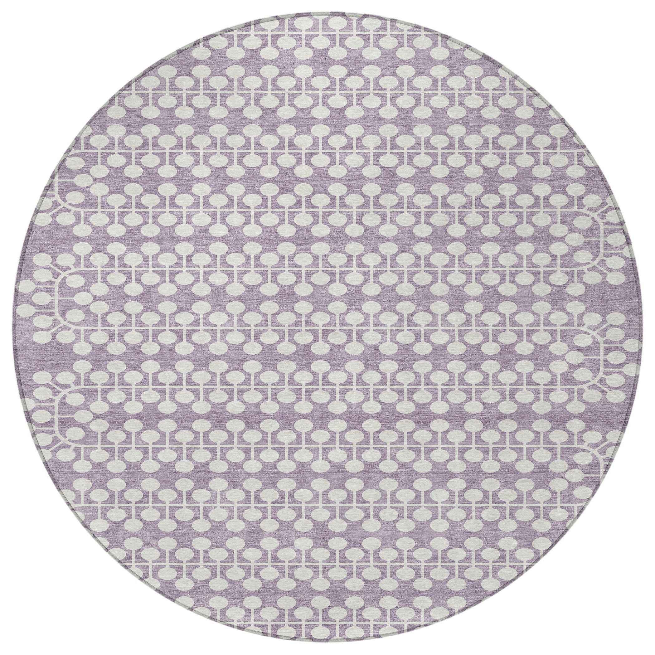 8' Lavender And Ivory Round Geometric Washable Indoor Outdoor Area Rug