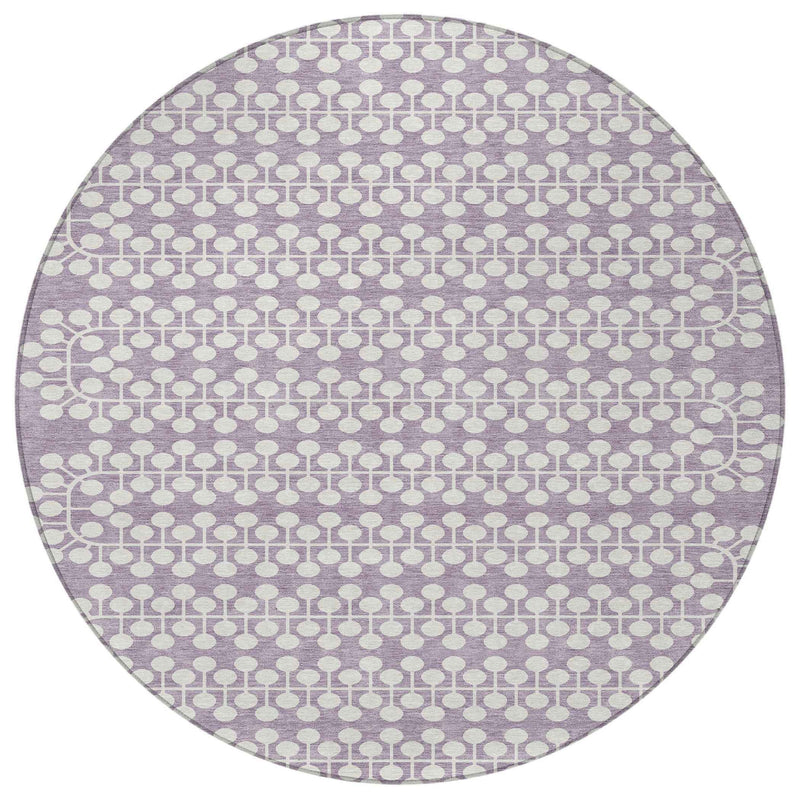 8' Lavender And Ivory Round Geometric Washable Indoor Outdoor Area Rug