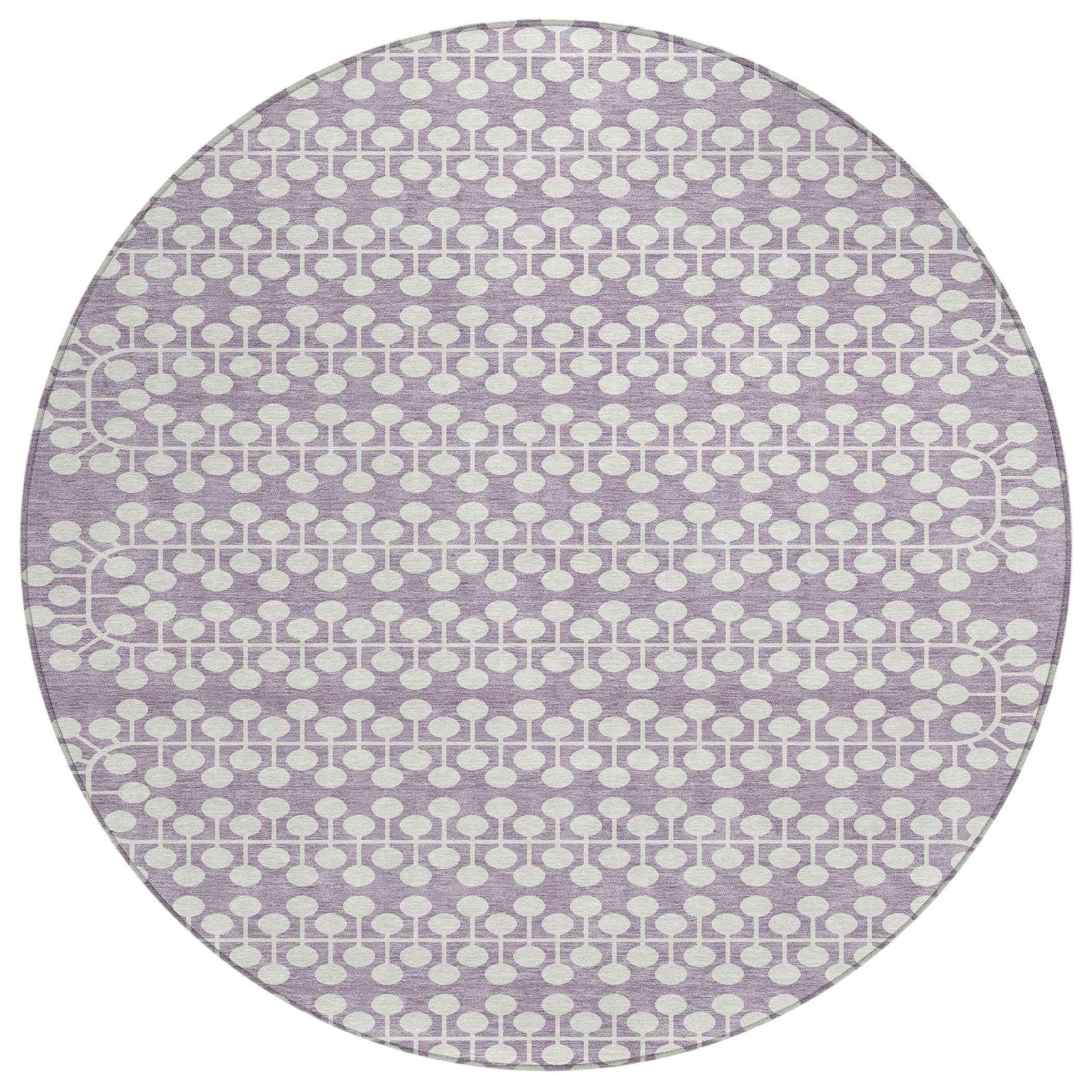 8' Lavender And Ivory Round Geometric Washable Indoor Outdoor Area Rug