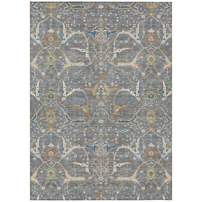 3' X 5' Gray Green And Copper Floral Washable Indoor Outdoor Area Rug