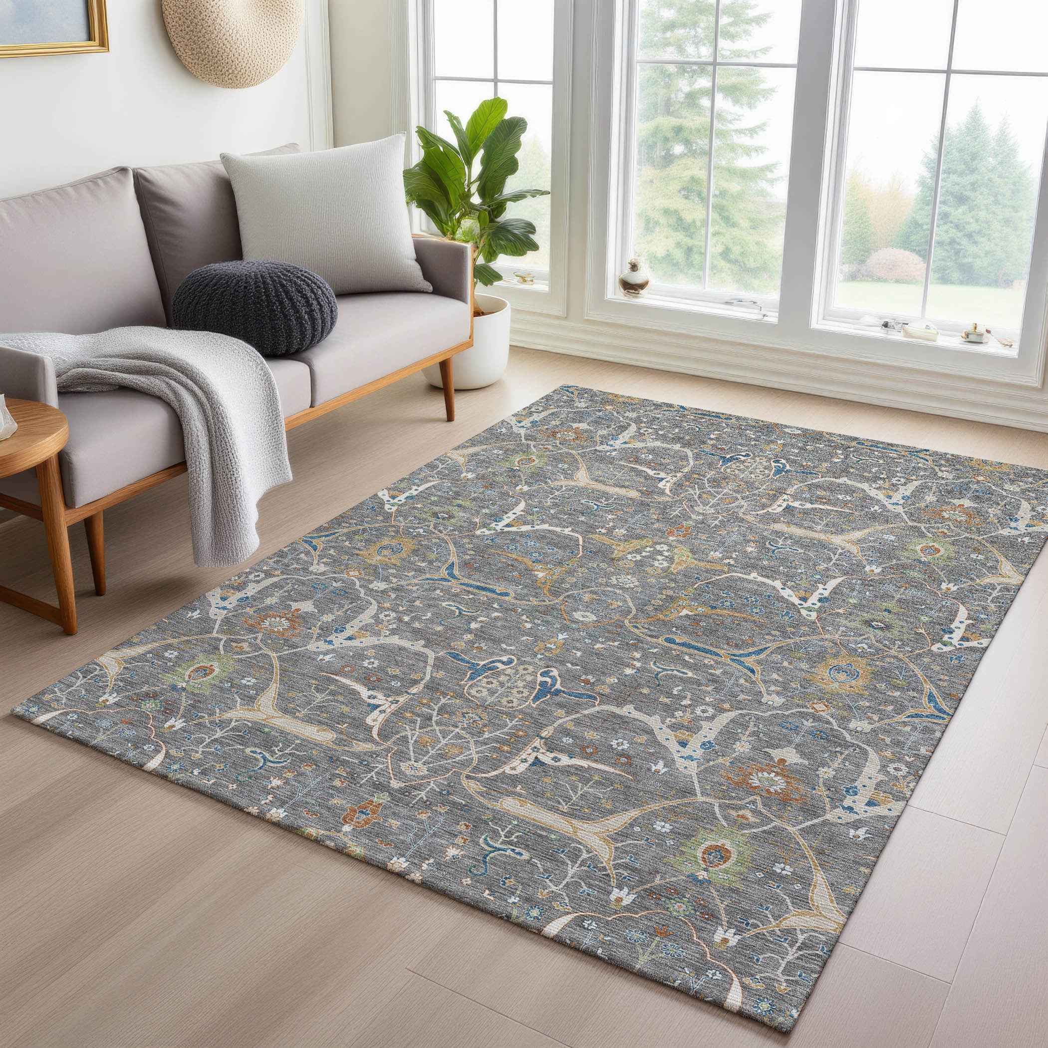 3' X 5' Gray Green And Copper Floral Washable Indoor Outdoor Area Rug