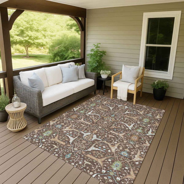 9' X 12' Brown Green And Ivory Floral Washable Indoor Outdoor Area Rug