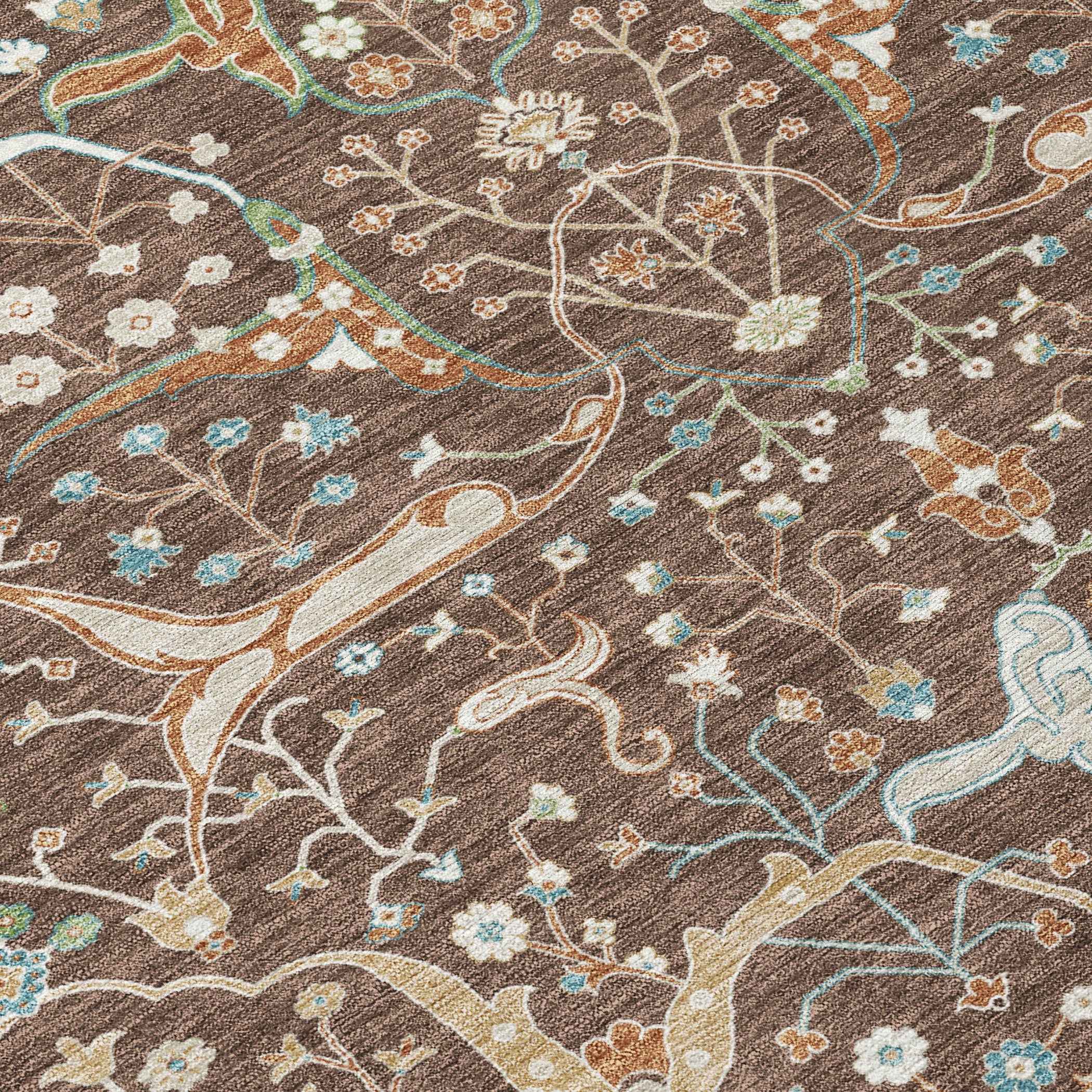 9' X 12' Brown Green And Ivory Floral Washable Indoor Outdoor Area Rug