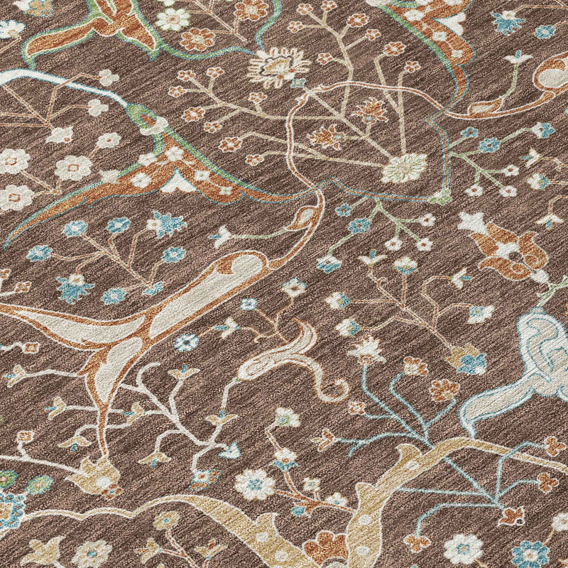 9' X 12' Brown Green And Ivory Floral Washable Indoor Outdoor Area Rug