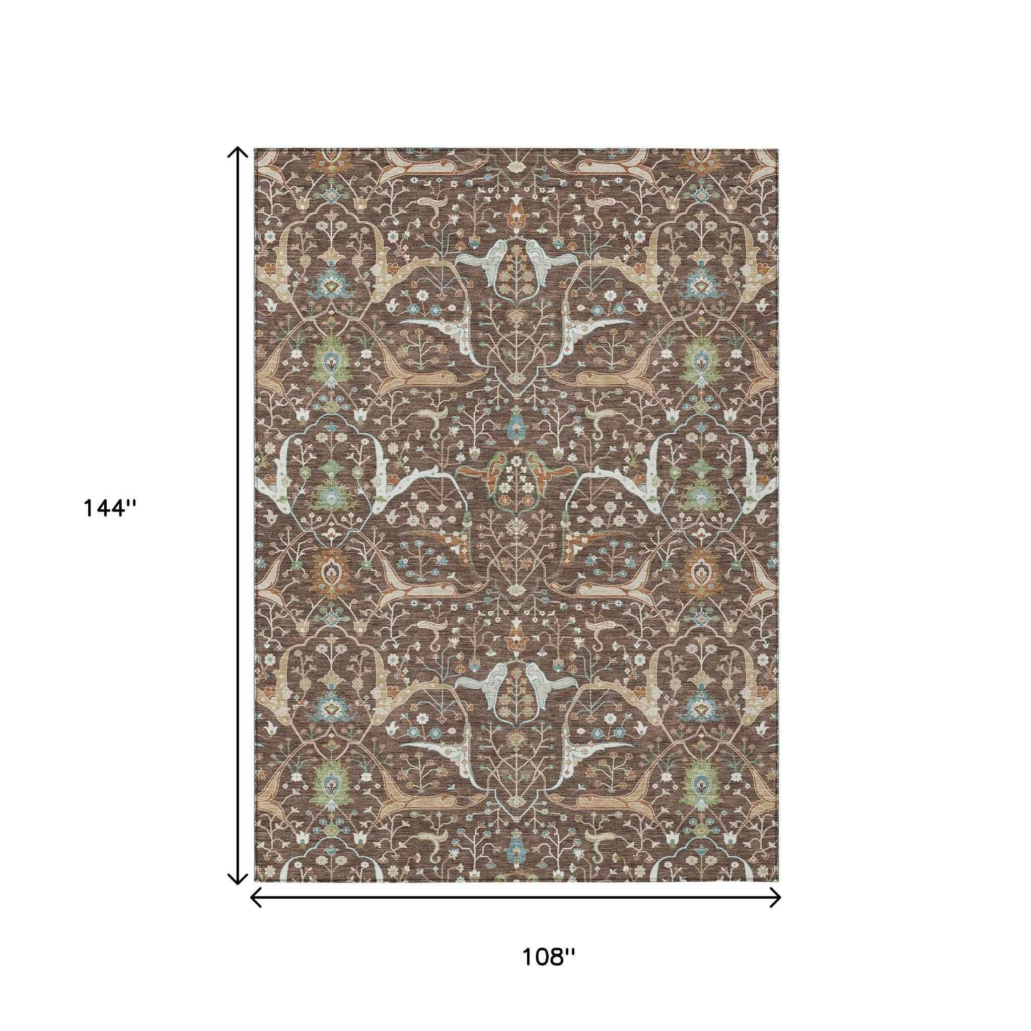 9' X 12' Brown Green And Ivory Floral Washable Indoor Outdoor Area Rug