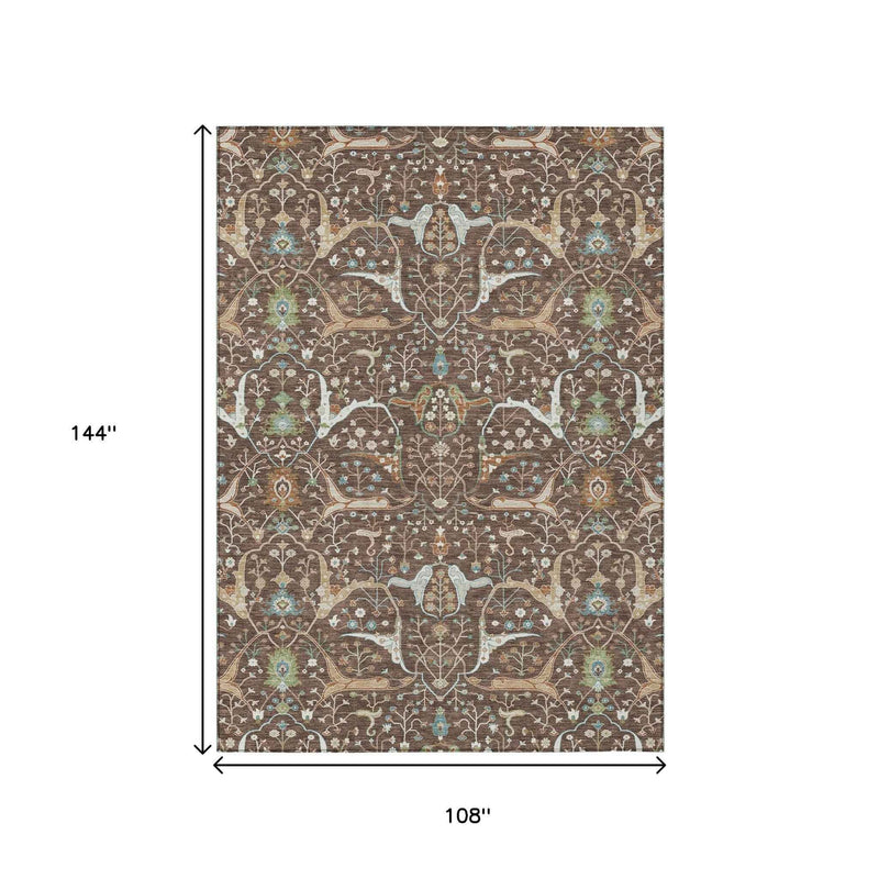 9' X 12' Brown Green And Ivory Floral Washable Indoor Outdoor Area Rug