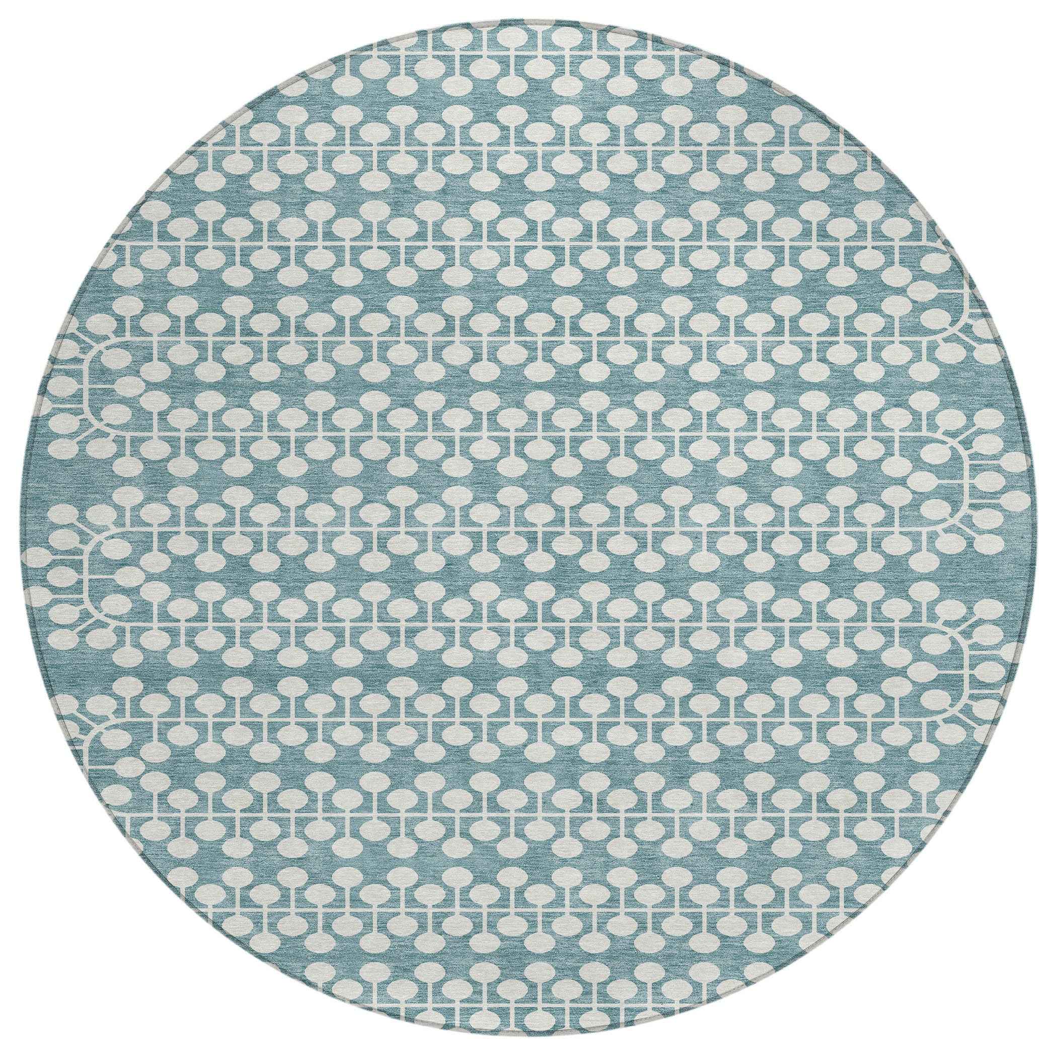 8' Teal Blue And Ivory Round Geometric Washable Indoor Outdoor Area Rug