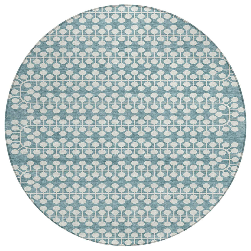 8' Teal Blue And Ivory Round Geometric Washable Indoor Outdoor Area Rug
