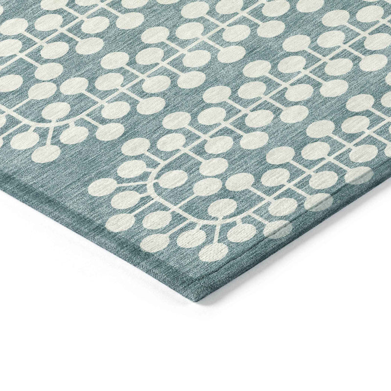 8' Teal Blue And Ivory Round Geometric Washable Indoor Outdoor Area Rug