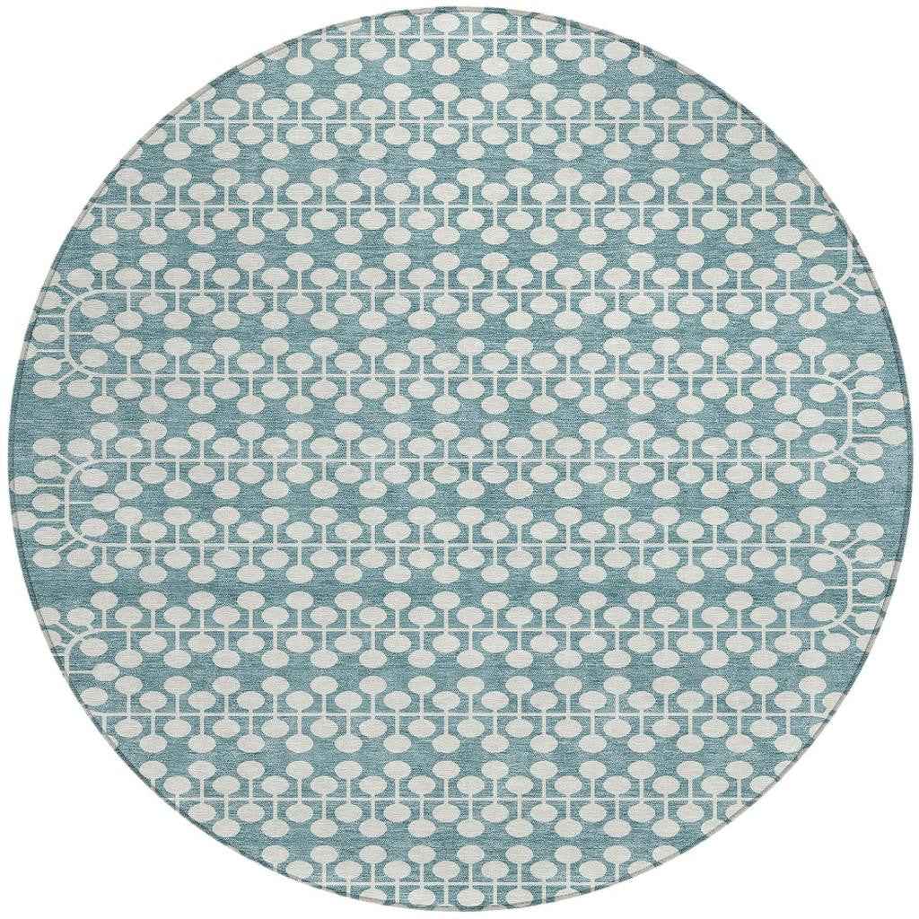 8' Teal Blue And Ivory Round Geometric Washable Indoor Outdoor Area Rug