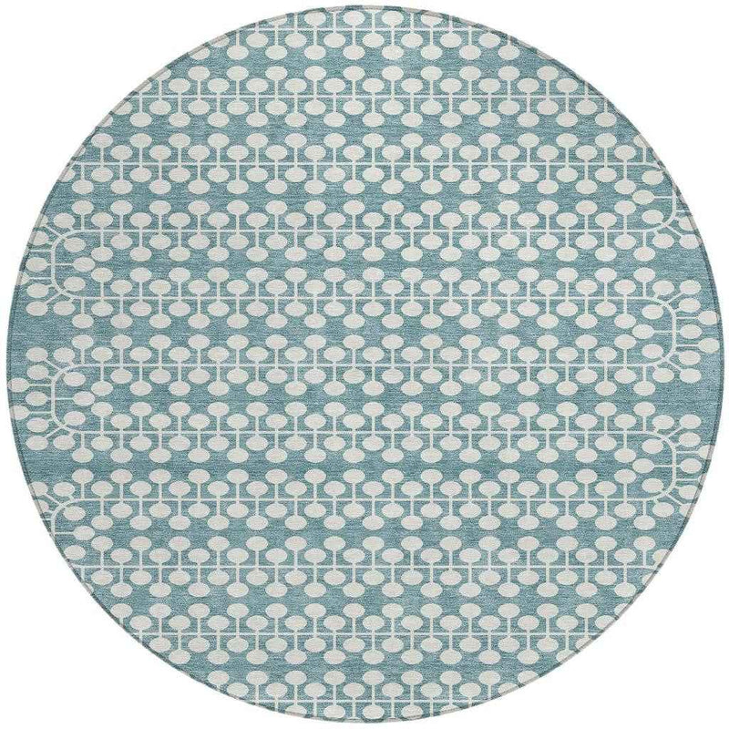 8' Teal Blue And Ivory Round Geometric Washable Indoor Outdoor Area Rug