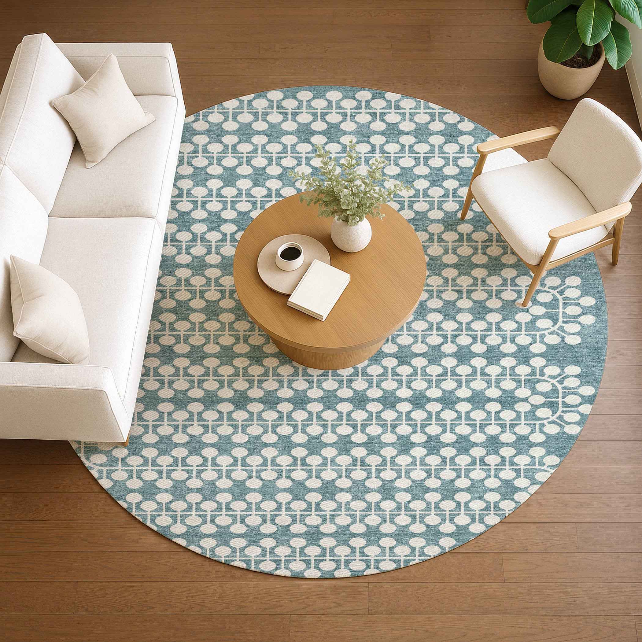 8' Teal Blue And Ivory Round Geometric Washable Indoor Outdoor Area Rug