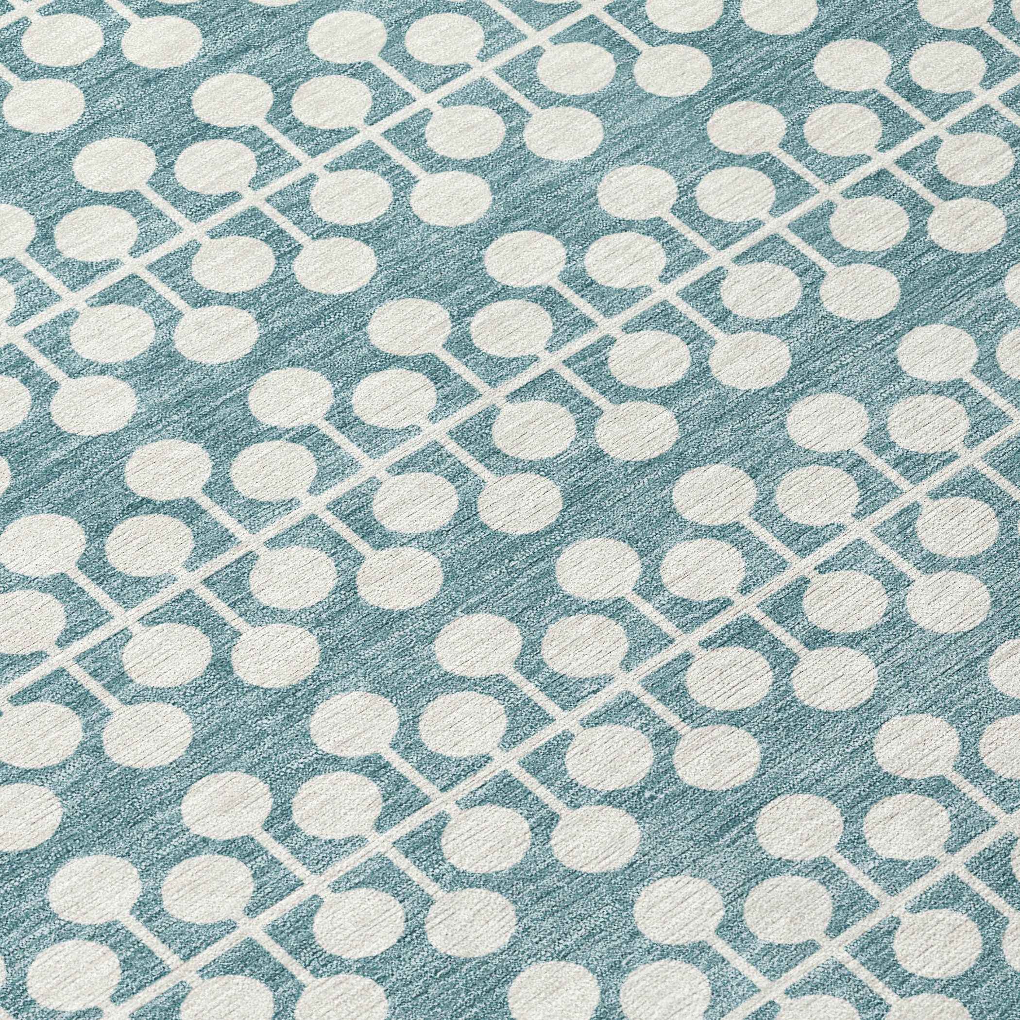 8' Teal Blue And Ivory Round Geometric Washable Indoor Outdoor Area Rug