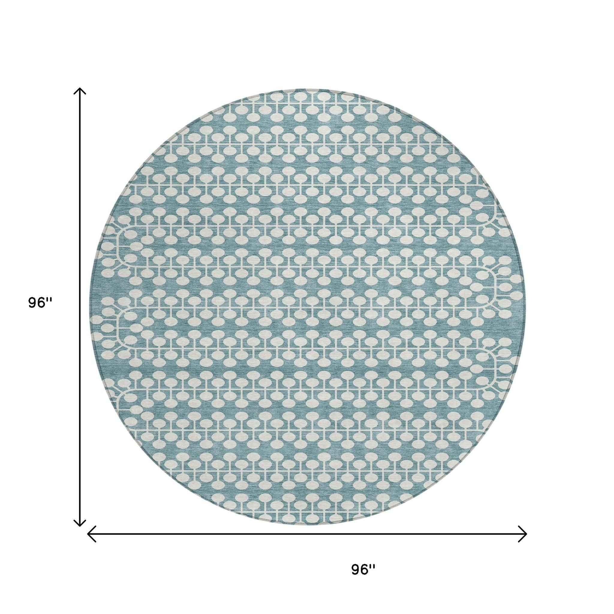8' Teal Blue And Ivory Round Geometric Washable Indoor Outdoor Area Rug