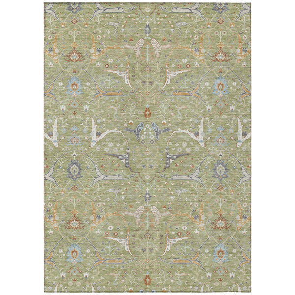 8' X 10' Artichoke Green And Sky Blue Floral Washable Indoor Outdoor Area Rug