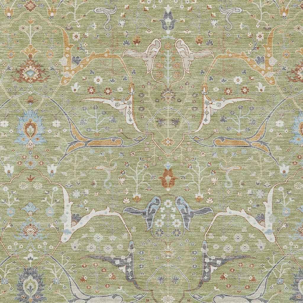 8' X 10' Artichoke Green And Sky Blue Floral Washable Indoor Outdoor Area Rug