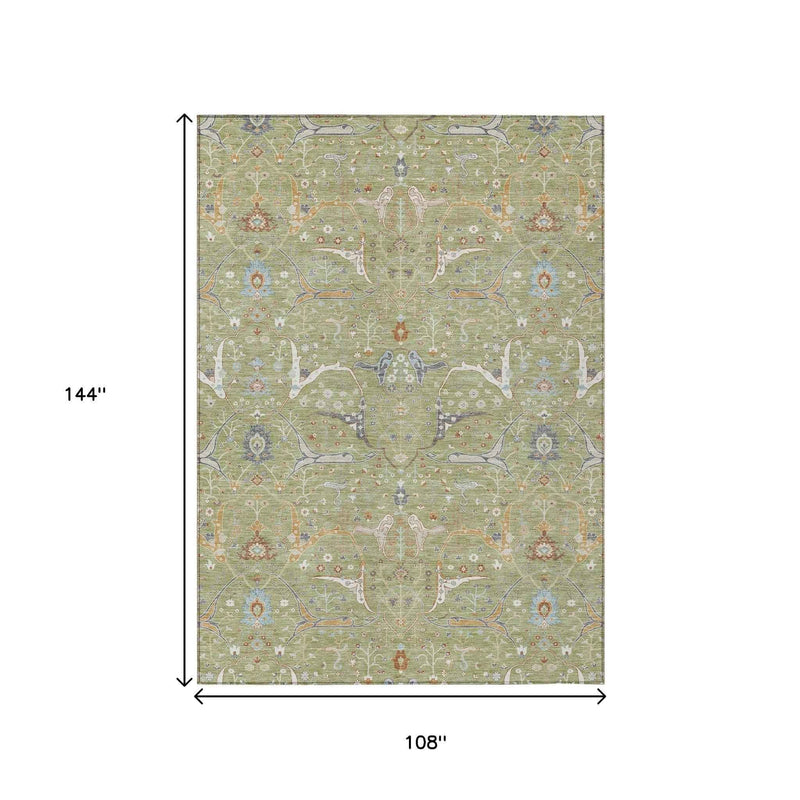 9' X 12' Artichoke Green And Sky Blue Floral Washable Indoor Outdoor Area Rug