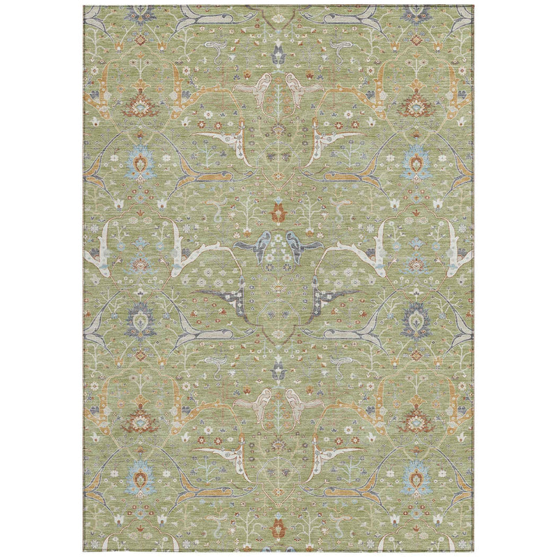 9' X 12' Artichoke Green And Sky Blue Floral Washable Indoor Outdoor Area Rug