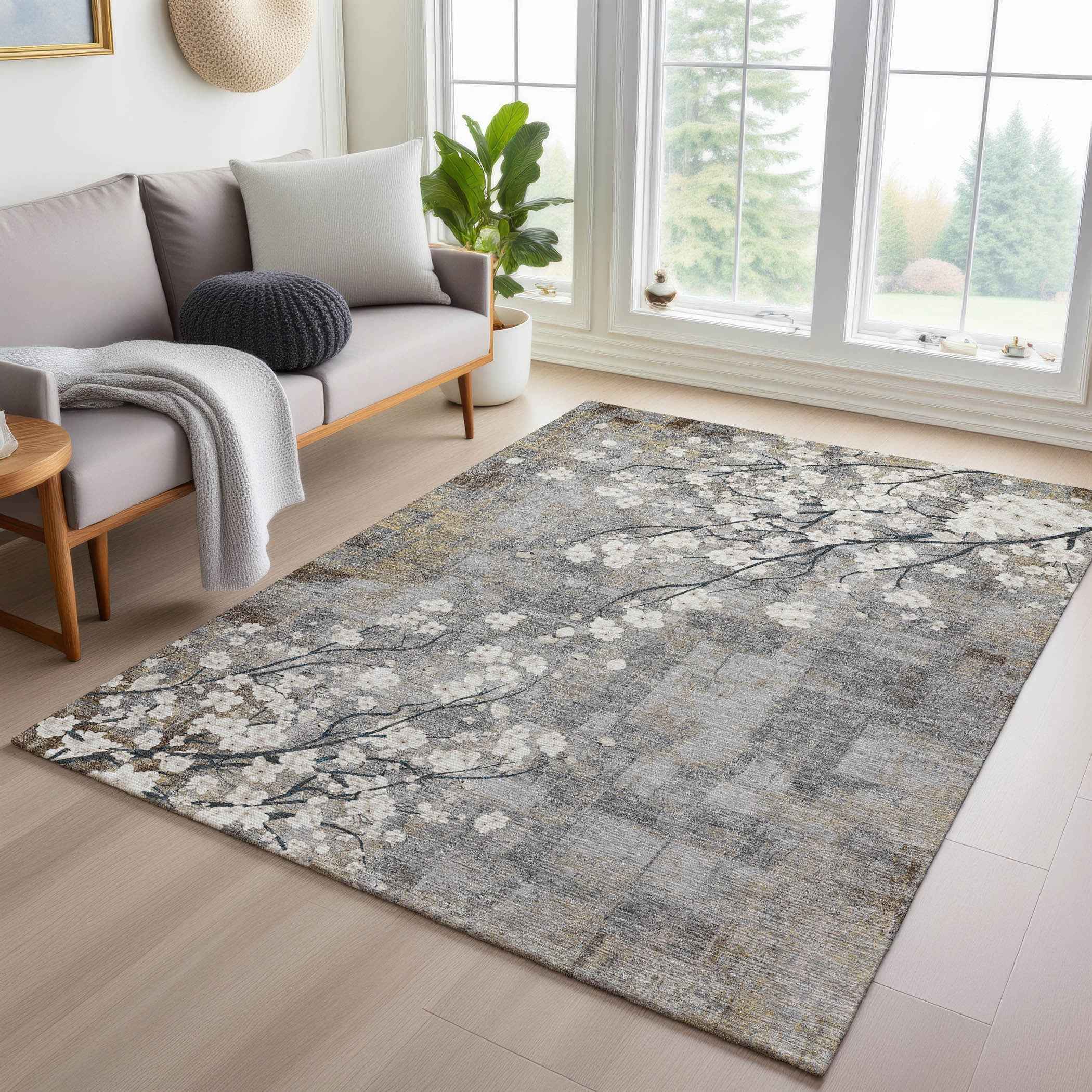 3' X 5' Gray Ivory And Silver Floral Washable Indoor Outdoor Area Rug