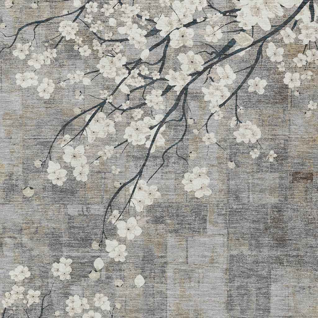 3' X 5' Gray Ivory And Silver Floral Washable Indoor Outdoor Area Rug