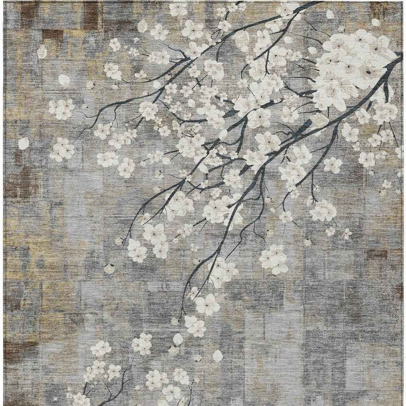 3' X 5' Gray Ivory And Silver Floral Washable Indoor Outdoor Area Rug