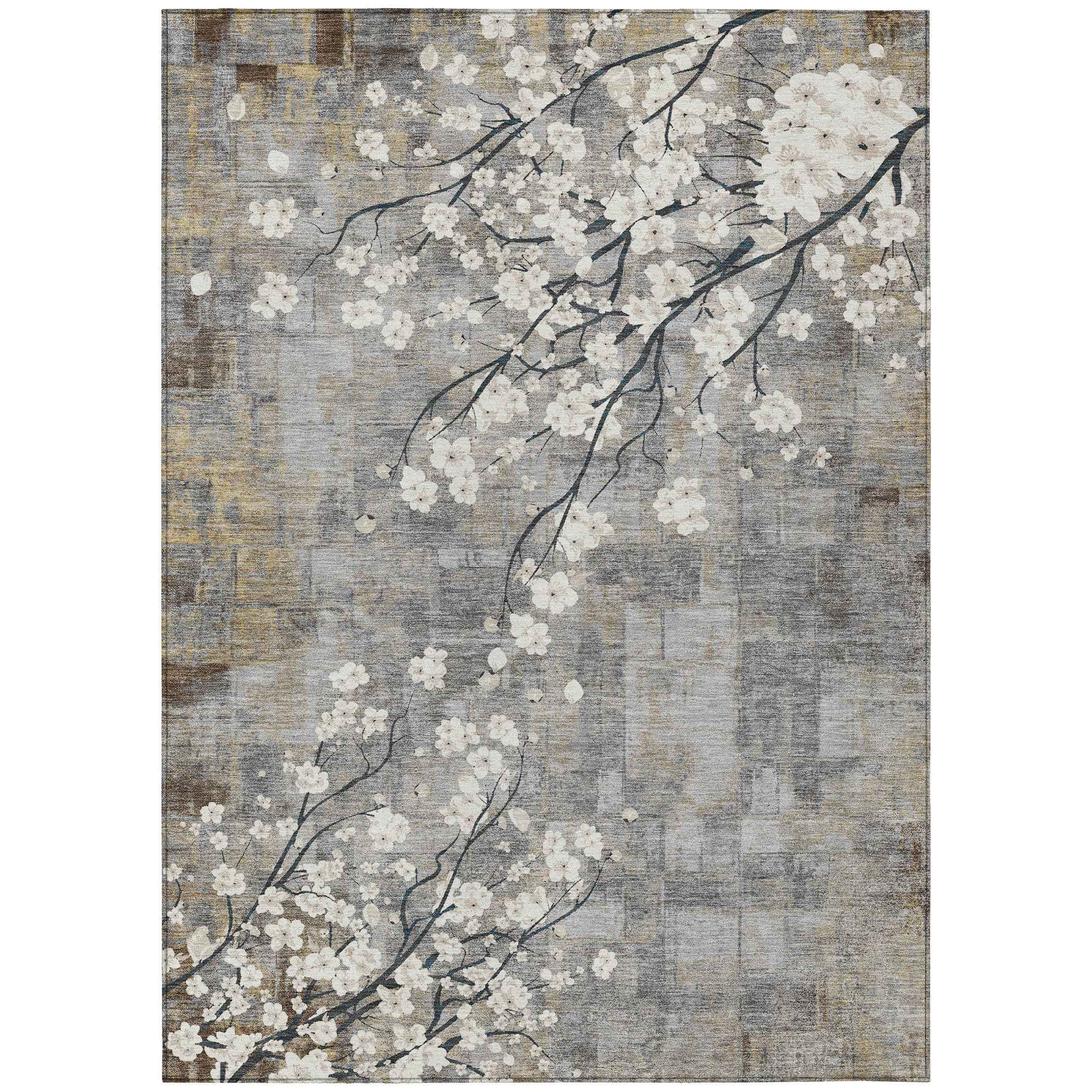 3' X 5' Gray Ivory And Silver Floral Washable Indoor Outdoor Area Rug