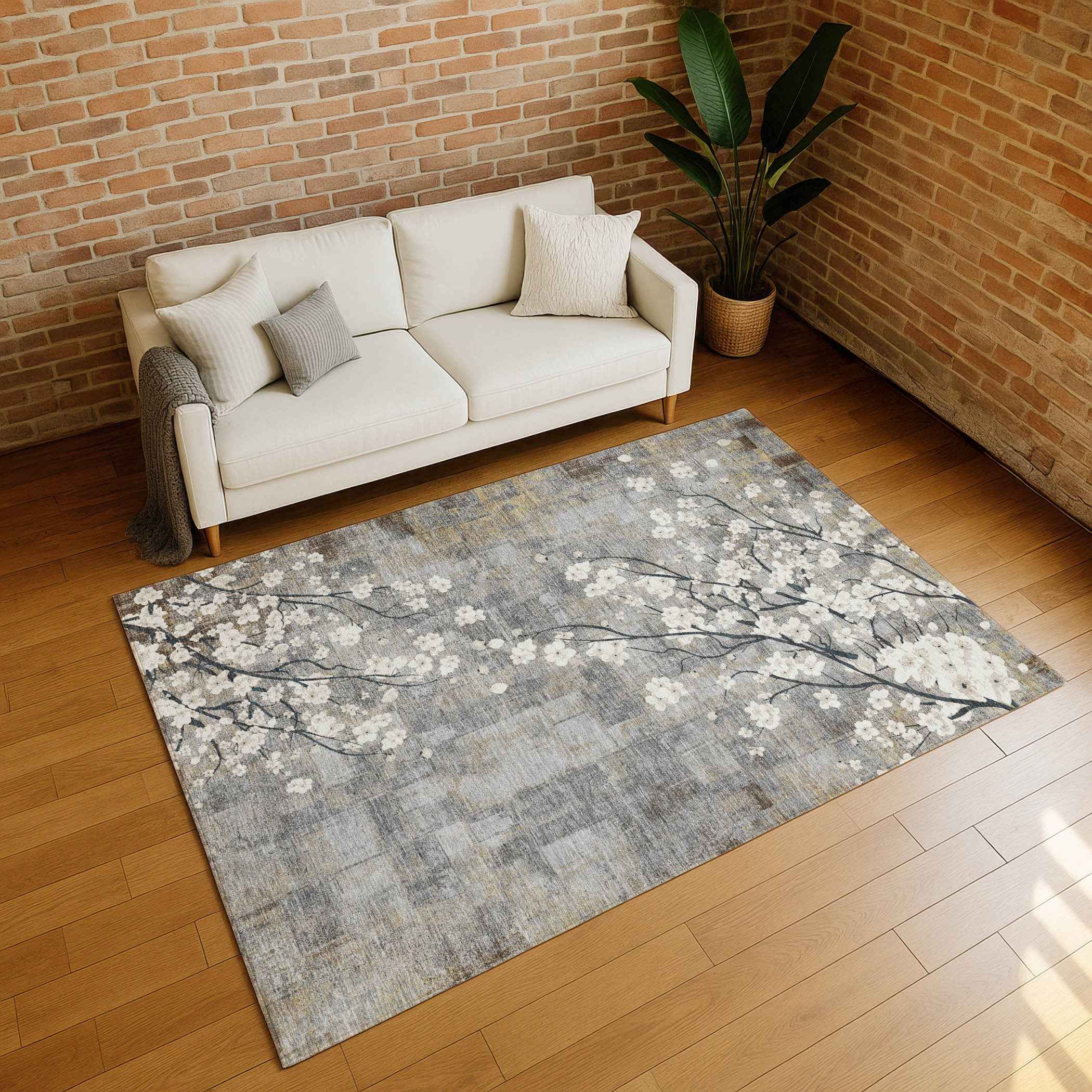3' X 5' Gray Ivory And Silver Floral Washable Indoor Outdoor Area Rug